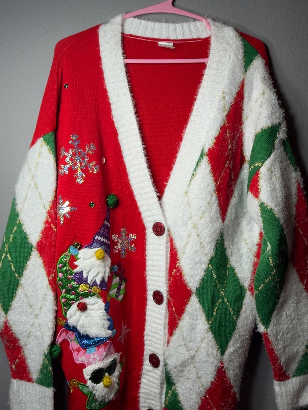 Holiday Time Red Green White Gnome Argyle Cardigan